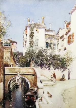 Ladies in a Flowering Courtyard near a Canal, Venice by Martin Rico y Ortega Oil Painting