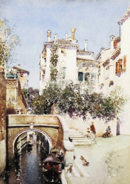 Main Product Photo of Ladies in a Flowering Courtyard near a Canal, Venice Painting by Martin Rico y Ortega