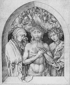 The Man of Sorrows with the Virgin Mary and St John the Evangelist painting by Martin Schongauer