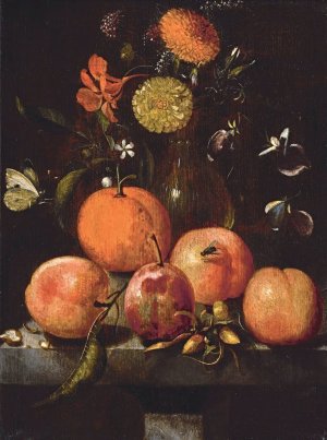 Still life with plums, an orange, a cabbage white butterfly and flowers in a glass vase on a stone ledge by Martinus Nellius Oil Painting