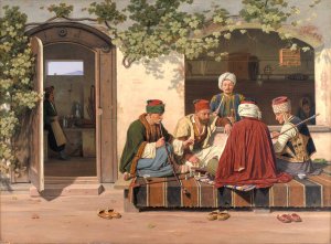 A party of chess players outside a Turkish coffeehouse and barbershop by Martinus Rorbye Oil Painting