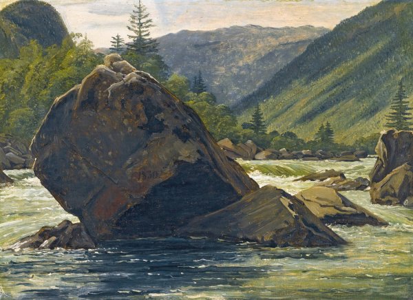 Main Product Photo of An Erratic Rock In The Rapids  Painting by Martinus Rorbye