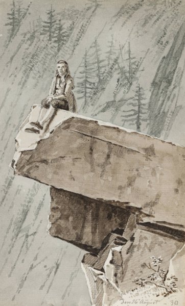 Main Product Photo of En mand, der sidder pa et klippefremspring. I baggrunden en bjergskraning  Painting by Martinus Rorbye