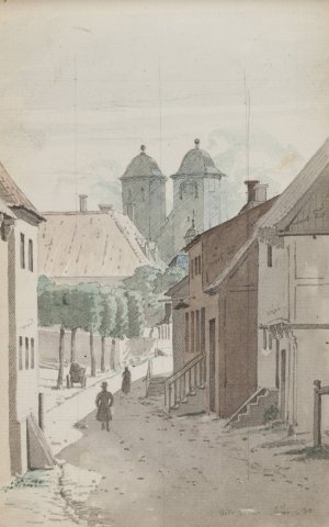 Et kik ned ad et straede mod Viborg Domkirkes to tarne by Martinus Rorbye Oil Painting
