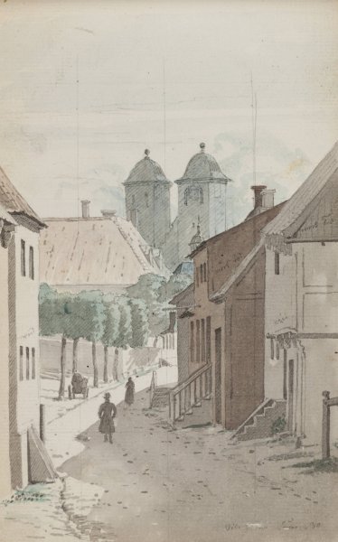 Main Product Photo of Et kik ned ad et straede mod Viborg Domkirkes to tarne  Painting by Martinus Rorbye