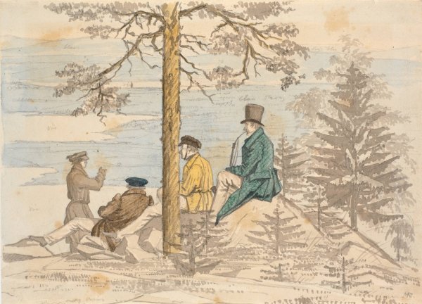 Main Product Photo of Fire maend betragter udsigten fra Holmekollen  Painting by Martinus Rorbye