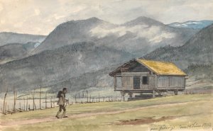 Fjeldlandskab med hytte og vandrer by Martinus Rorbye Oil Painting
