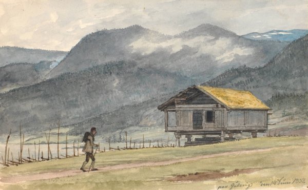 Main Product Photo of Fjeldlandskab med hytte og vandrer  Painting by Martinus Rorbye