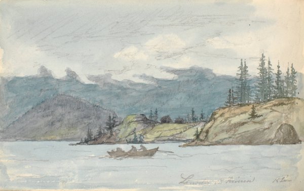 Main Product Photo of Lake Landscape with a Rowing Boat. The Fiord Kroderen, Norway  Painting by Martinus Rorbye