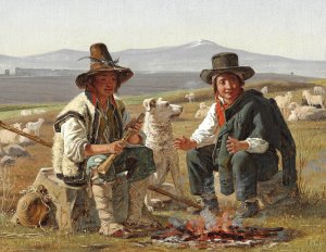To italienske hyrdedrenge siddende ved ilden by Martinus Rorbye Oil Painting