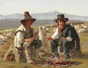 To italienske hyrdedrenge siddende ved ilden Oil painting by Martinus Rorbye