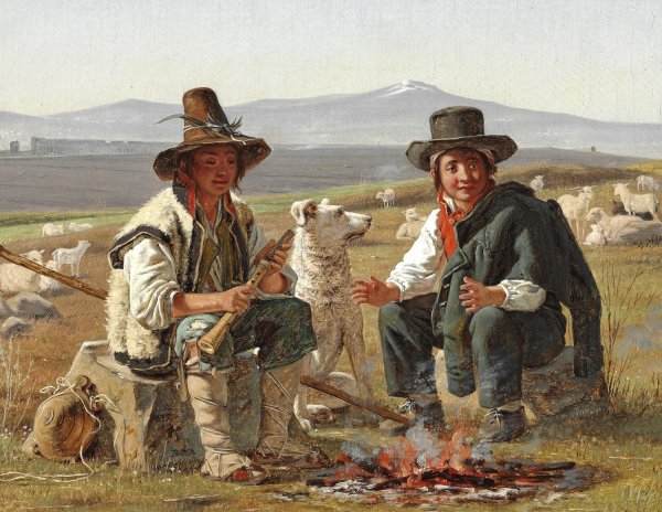 Main Product Photo of To italienske hyrdedrenge siddende ved ilden  Painting by Martinus Rorbye