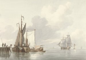 Riviergezicht met afgemeerde schepen by Martinus Schouman Oil Painting