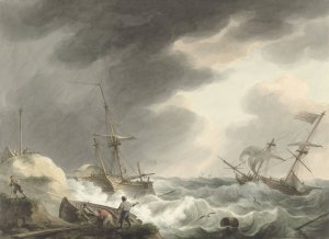 Schipbreuk van twee schepen, waarvan een onder Amerikaanse vlag, op een duinenkust Oil painting by Martinus Schouman