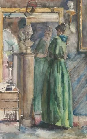 Dame in groene japon staande voor een spiegel by Martinus Van Andringa Oil Painting