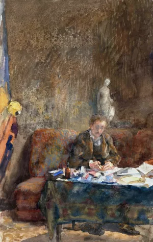 Interieur met schrijvende man op sofa achter tafel by Martinus Van Andringa Oil Painting