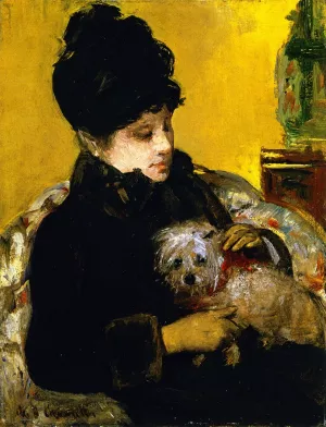 A Visitor in Hat and Coat Holding a Maltese Dog by Mary Cassatt Oil Painting
