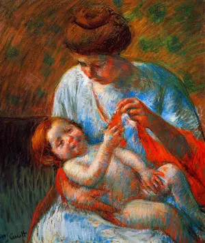 Baby Lying on His Mother's Lap, Reaching to Hold a Scarf by Mary Cassatt - Oil Painting Reproduction