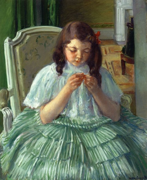 Franaoise in Green, Sewing by Mary Cassatt - Hand-Painted Oil Painting Reproduction
