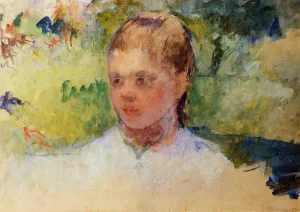 Girl's Head - Green Background by Mary Cassatt - Oil Painting Reproduction