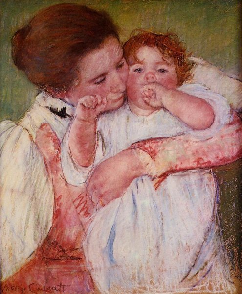 Little Ann Sucking Her Finger, Embraced by Her Mother by Mary Cassatt - Hand-Painted Oil Painting Reproduction