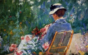 Lydia Seated in the Garden with a Dog in Her Lap by Mary Cassatt - Oil Painting Reproduction