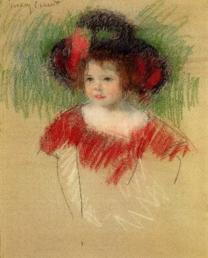 Margot in Big Bonnet and Red Dress by Mary Cassatt - Oil Painting Reproduction