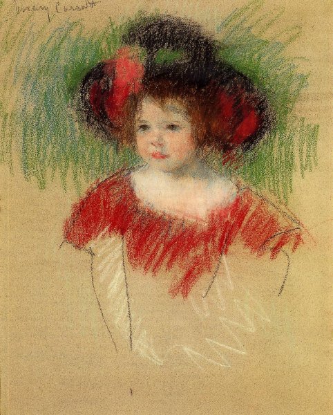 Margot in Big Bonnet and Red Dress by Mary Cassatt - Hand-Painted Oil Painting Reproduction