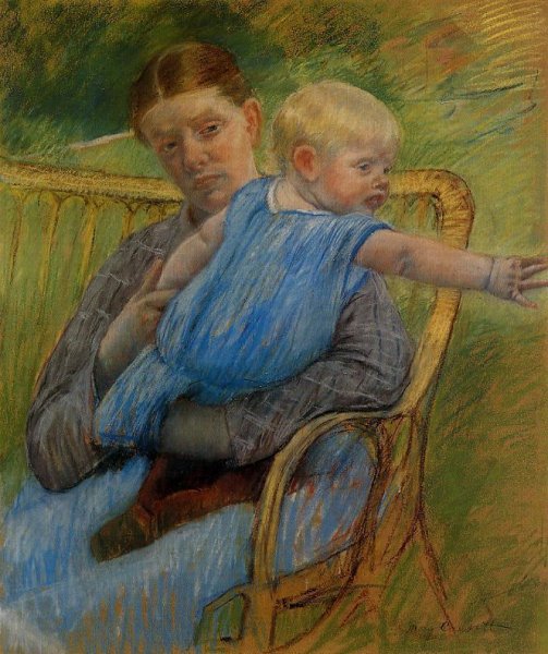 Main Product Photo of Mathilde Holding a Baby Who Reaches Out to the Right Painting by Mary Cassatt