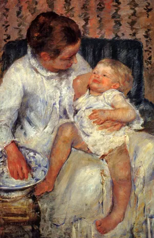 Mother About To Wash Her Sleepy Child by Mary Cassatt Oil Painting