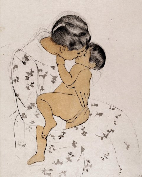 Mother's Kiss  by Mary Cassatt - Hand-Painted Oil Painting Reproduction