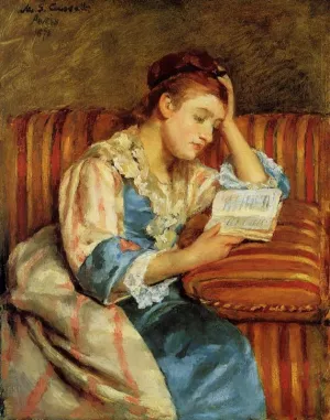 Mrs. Duffee Seated on a Striped Sofa, Reading by Mary Cassatt - Oil Painting Reproduction