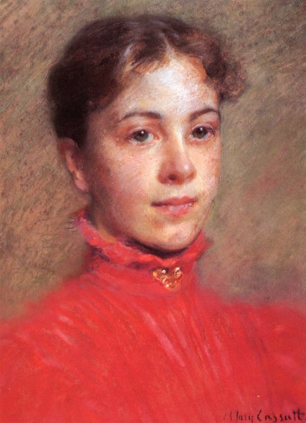 Portrait of a Young Woman in a Red Dress by Mary Cassatt - Hand-Painted Oil Painting Reproduction