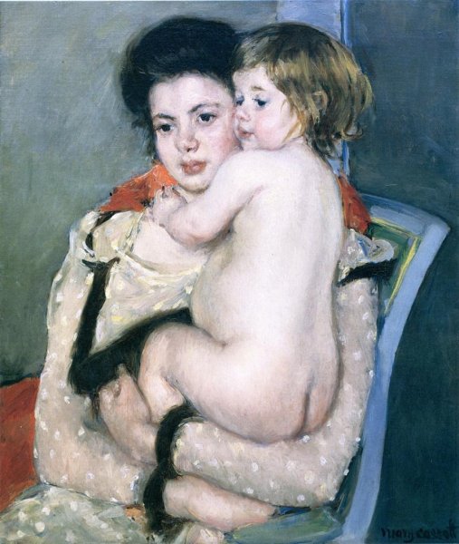 Reine Lefebvre Holding a Nude Baby by Mary Cassatt - Hand-Painted Oil Painting Reproduction