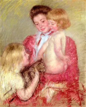 Reine Lefebvre with Blond Baby and Sara Holding a Cat by Mary Cassatt Oil Painting