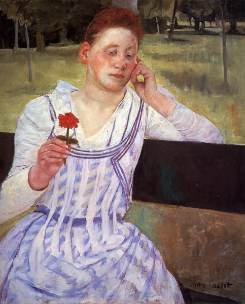 Reverie also known as Woman with a Red Zinnia by Mary Cassatt - Hand-Painted Oil Painting Reproduction