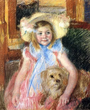 Sara in a Large Flowered Hat, Looking Right, Holding Her Dog by Mary Cassatt - Oil Painting Reproduction