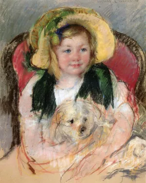 Sara with Her Dog, in an Armchair, Wearing a Bonnet with a Plum Ornament painting by Mary Cassatt