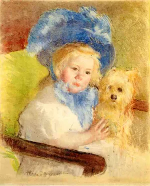 Simone in a Large Plumed Hat, Seated, Holding a Griffon Dog by Mary Cassatt Oil Painting