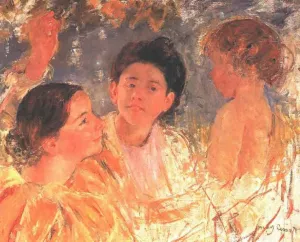 Two Young Girls with a Child by Mary Cassatt - Oil Painting Reproduction