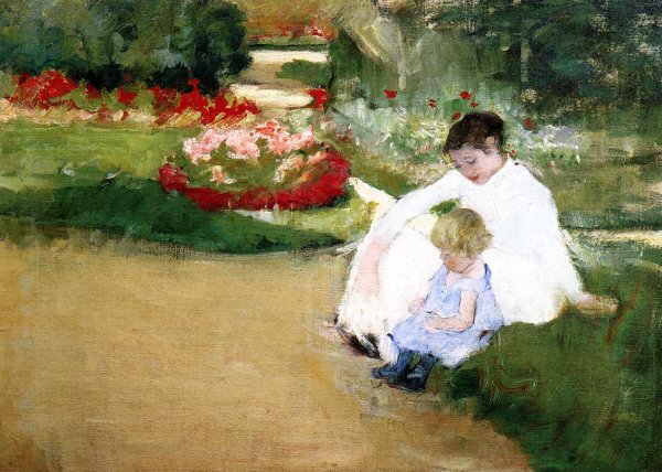Woman and Child Seated in a Garden by Mary Cassatt - Hand-Painted Oil Painting Reproduction