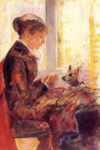 Woman by a Window Feeding Her Dog by Mary Cassatt - Hand-Painted Oil Painting Reproduction