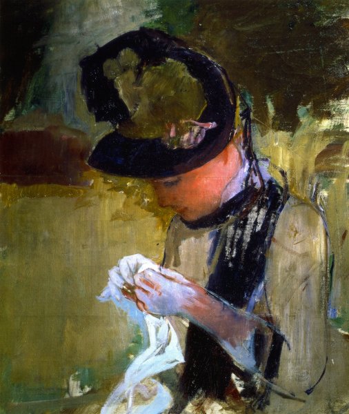 Woman in Black and Green Bonnet, Sewing