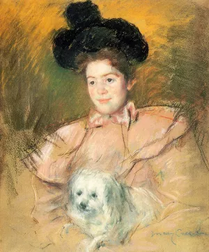 Woman in Raspberry Costume Holding a Dog painting by Mary Cassatt
