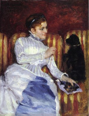 Woman on a Striped with a Dog also known as Young Woman on a Striped Sofa with Her Dog by Mary Cassatt Oil Painting