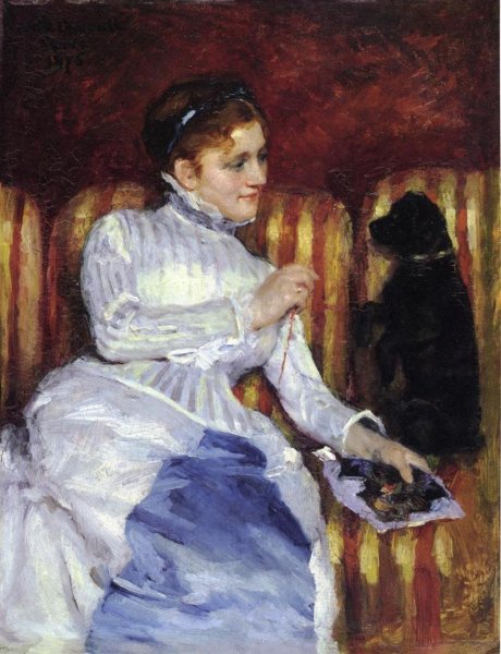 Woman on a Striped with a Dog also known as Young Woman on a Striped Sofa with Her Dog by Mary Cassatt - Hand-Painted Oil Painting Reproduction