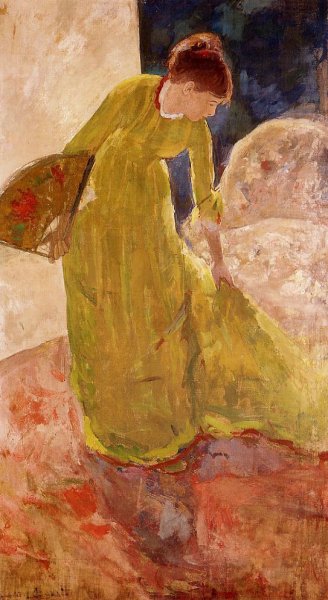 Woman Standing, Holding a Fan by Mary Cassatt - Hand-Painted Oil Painting Reproduction