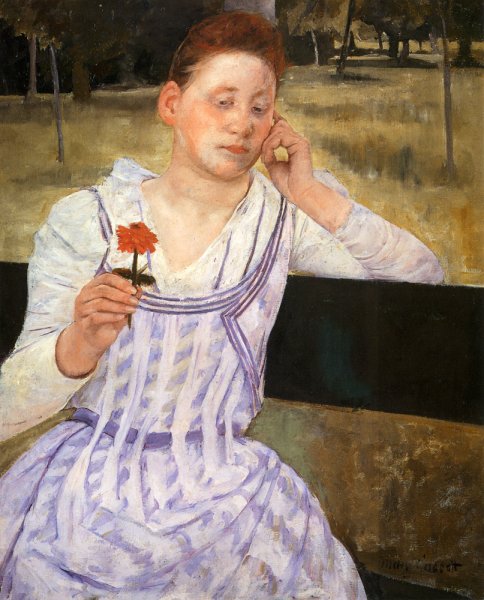 Woman with a Red Zinnia by Mary Cassatt - Hand-Painted Oil Painting Reproduction