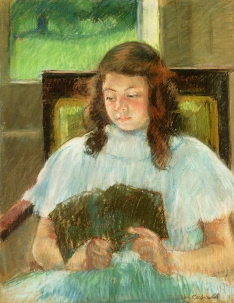 Young Girl Reading; Young Girl in a Blue Dress by Mary Cassatt - Hand-Painted Oil Painting Reproduction