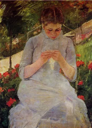 Young Woman Sewing in a Garden by Mary Cassatt - Oil Painting Reproduction
